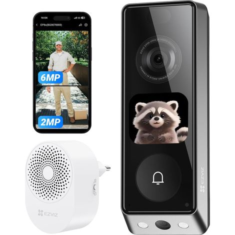 6MP+2MP Sonnette sans Fil avec Camera Double et Carillon EP8 Ultra Reconnaissance IA,Ecran interactif intégré, Détection de Personnes/Paquet, Vision Nocturne en Couleur, Deux Batteries Inclus (1/5)