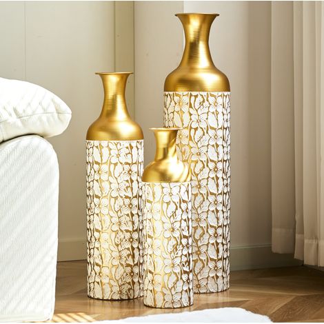 Lot de 3 vases de sol 50/66/85 cm en métal doré et blanc, décoration salon, gain de place – MEUBLIV (1/5)