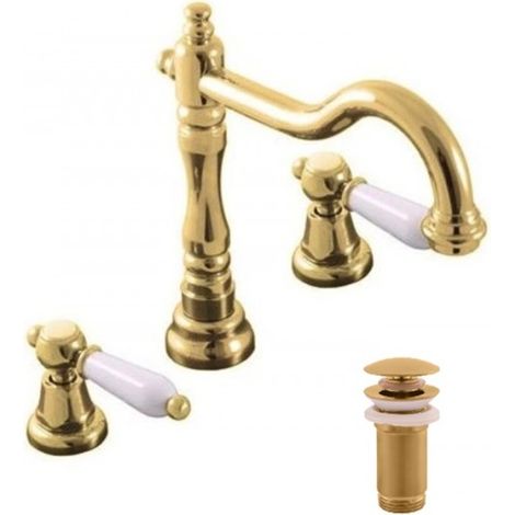 Mélangeur lavabo rétro 3 trous laiton doré MORAVA avec bonde (1/5)