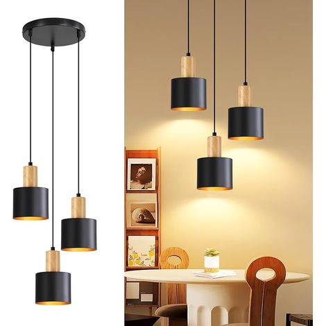 GBLY Pendelleuchte Esstisch E27 Vintage 3 Flammig Schwarz Gold Höhenverstellbar Hängeleuchte Kücheninsel Essbereich Ohne Leuchtmittel