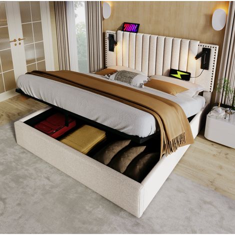 Bett mit Stauraum 140x200 cm, Baumwolle Beige, inklusive Lattenrost, USB- und Type-C-Anschlüssen, Leselicht (1/5)