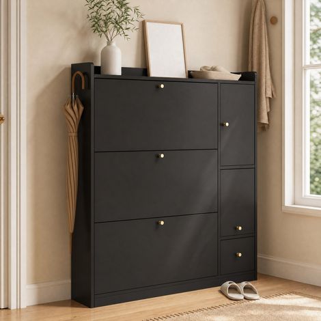 Meuble chaussures 3 abattants avec banc noir OKMYHOME (1/5)