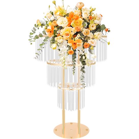 Présentoir à fleurs à 3 étages Décoratif Cristal Présentoir Fleur Support Centre de Table Vase pour mariage 72cm Haut Doré (1/5)