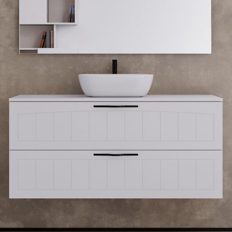 Meuble de salle de bain 120cm avec plateau et vasque à poser ovales  - 2 tiroirs - sans miroir - blanc - PIA (1/5)