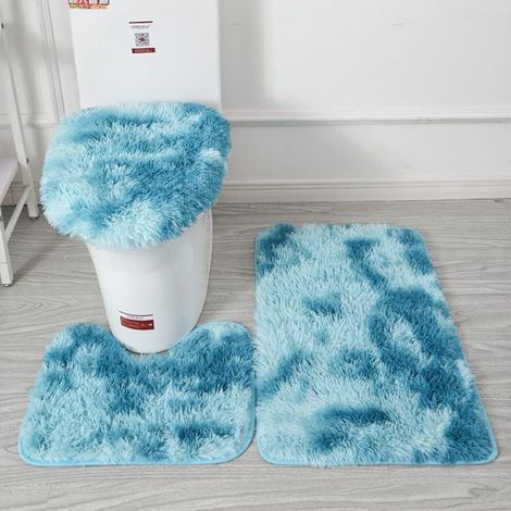 Tapis De Bain - Lot De 3 Pièces Avec Tapis De Baignoire 50x80 Cm - Tapis Contour En U 50x40 Cm - Housse De Cuvette 45x50 Cm - Microfibre - Dos En Caoutchouc Antidérapant - Bleu