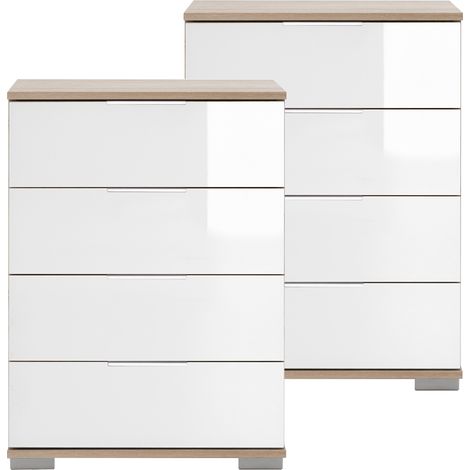 Schlafzimmer Nachttisch 2er Set, auch für Boxspringbett geeignet, in Eiche sägerau Nb. mit weißem Glas ELSTRA-43, B/H/T ca. 52/74/38 cm
