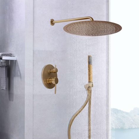 Système de douche vintage, ensemble de douche noir brossé rond doré avec saupoudreuse, douche à main, douche à saupoudreuse en laiton, thermostat intelligent (1/5)