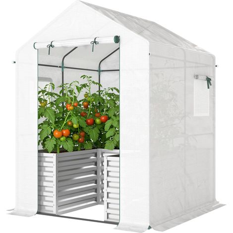 Serre à tomates tunnel avec plate-bande surélevée, porte sectionnelle, fenêtre, toit incliné, 141 x 141 x 190 cm (1/5)