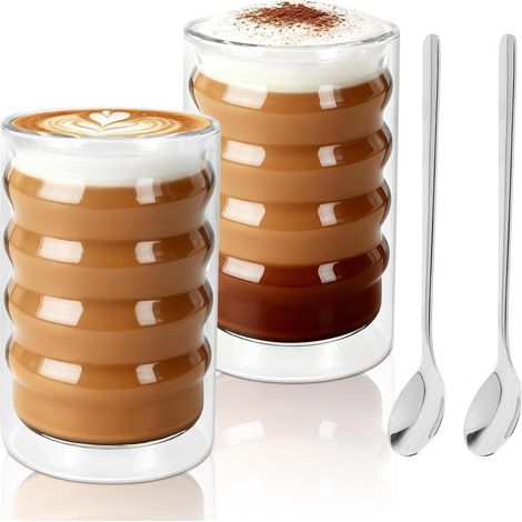 Verres à double paroi pour Latte Macchiato, lot de 2, 400 ml, avec cuillères en acier inoxydable