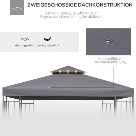 Housse de rechange pour tonnelle 3x3 m, imperméable, double toit, avec évacuations, pièce détachée pour abri de jardin/auvent, gris anthracite