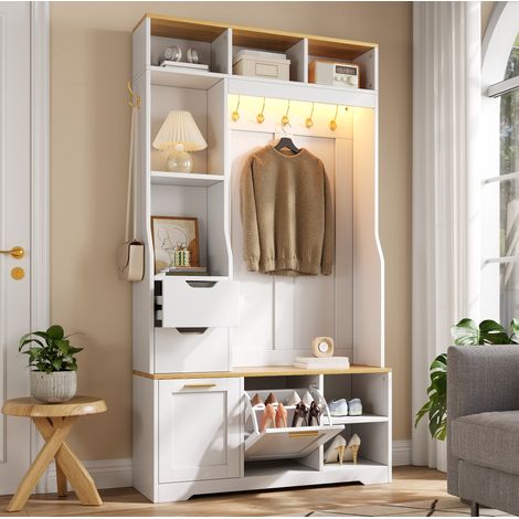 Mueble recibidor 100x32x186 cm MDF blanco con asiento y almacenaje – MEUBLIV (1/5)