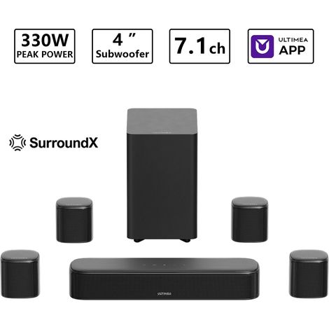 Barre de son 350W 7.1 canaux avec son surround virtuel, barre de son pour téléviseur Home Cinéma avec caisson de 4inch basses et 4 enceintes surround, contrôle par application intelligente (1/5)