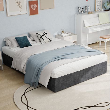 Bett Stoff Grau 160x200 cm mit Lattenrost und geometrischem Kopfteil (1/5)