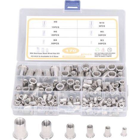 170 écrous à rivets en acier inoxydable M3-M10 304, écrou fileté à tête plate durable (1/5)