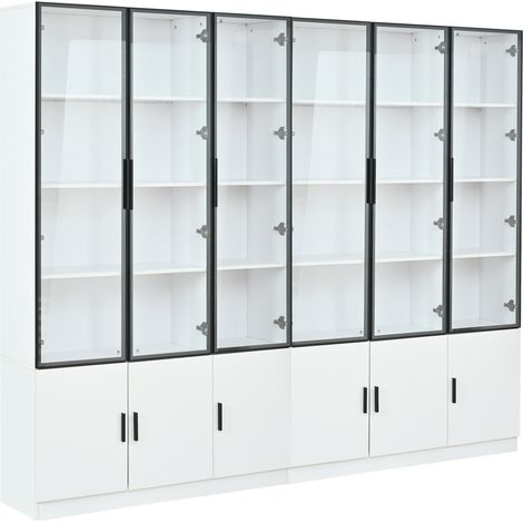 Hohe Vitrine 240 x 32 x 200 cm aus MDF und Glas mit LED, weiß, 12 Türen (1/5)