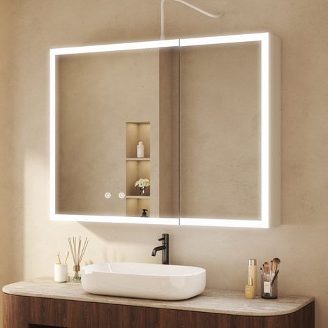 80x60x13,5cm LED Spiegelschrank Bad mit Beleuchtung, Spiegelschrank Weiß mit Beleuchtung Badezimmerschrank mit Spiegel Hängeschränke Bad mit 3 Einstellbare Lichtfarben, Beschlagfrei (1/5)