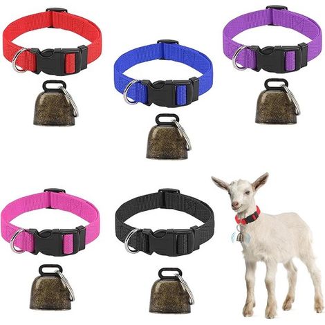 Collares para cabras con campanillas, 5 piezas, Ajustable de 35 a 50 cm, corderos, cabras y ovejas recién nacidos, Rojo, negro, morado, azul (1/5)