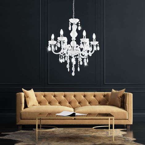 Lampadario a sospensione in cristalli Lampadario a sospensione a 6 fiamme bianco, accenti cromati a sospensione in cristallo, 6 prese E14, DxH 67x166 cm