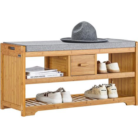 Bamboo 2-Tier Shoe Rack & Shoe Bench with Seat Cushion, Hallway Shoe Storage Organizer with Drawer (1/5)