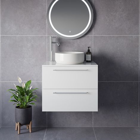 Napoli 460 Gloss White 600mm Wall Mounted 2 Drawer Vanity Unit for Countertop Basins - 600mm - Chrome 320mm Handle