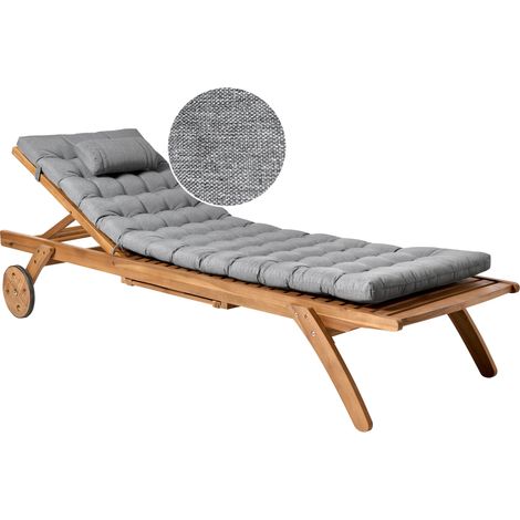Tumbona de jardín patio piscina de madera natural con cojín gris jaspeado Cesana (1/5)