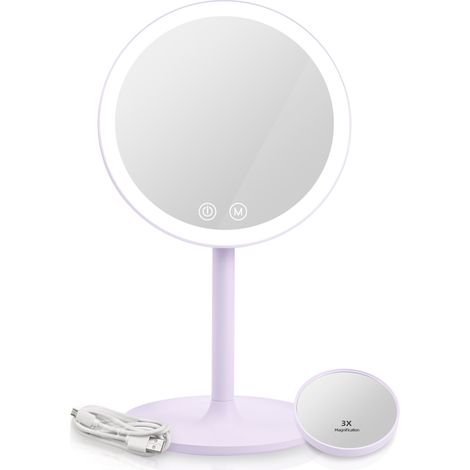 EMKE Kosmetikspiegel mit beleuchtung Wiederaufladbarer Schminkspiegel, LED Kosmetikspiegel mit 3 Lichtfarben, 1/3x Vergrößerung, 90°Schwenkbar, Touchschalter und Memory-Funktion(Violett)