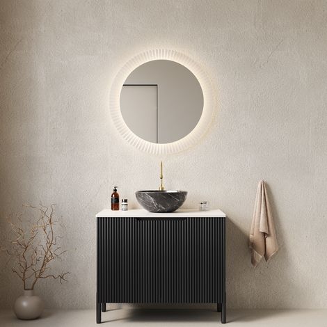 Meuble sous vasque simple 76 cm avec 2 portes et fermeture douce, plateau en pierre frittée, noir (1/5)