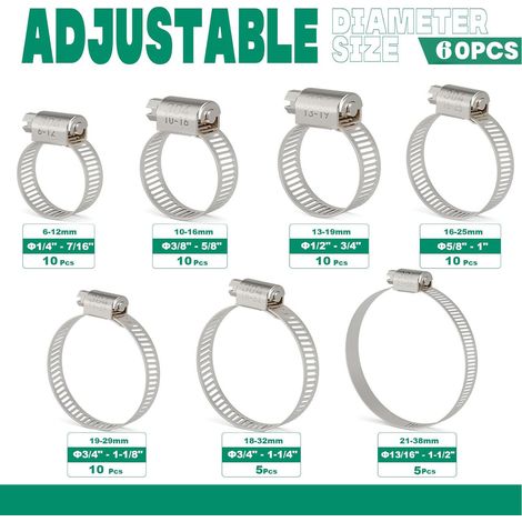 Paquete de 60 abrazaderas de acero inoxidable para tubos sin fin de 6 a 38 mm (1/5)