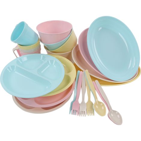 Ensemble de vaisselle en plastique de qualité alimentaire (PP), 24 pièces, compatible micro-ondes et lave-vaisselle, idéal pour le camping, les pique-niques et les voyages. (1/5)