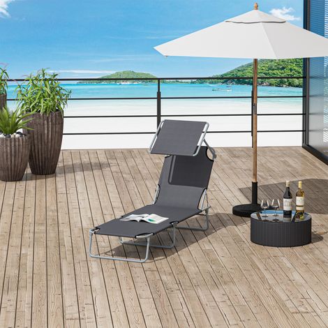 Sonnenliege klappbar Gartenliege mit Sonnenschutz Wellnessliege mit 4-Fach verstellbare Rückenlehne Strandliege bis 120kg belastbar für Garten, Balkon und Pool geeignet, 6 Farben(Grau )