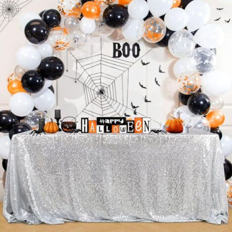 Nahtlose, silberfarbene Paillettentischdecke 130x220 cm - Geeignet für Hochzeiten, Geburtstage, Weihnachten und andere Partydekorationen. (1/4)
