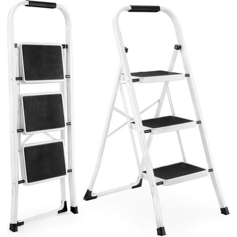 Escabeau 3 marches, escabeau pliant léger pour adultes avec pédales antidérapantes, robuste et portable, avec rampes, capacité de charge de 150 kg, idéal pour la cuisine et la maison. (1/5)