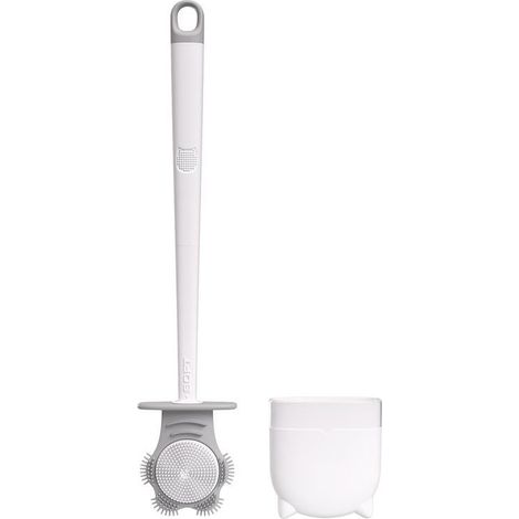 Brosse de toilette bicolore en plastique double face avec manche amovible, en forme de griffe de chat, pour le nettoyage des toilettes à domicile (blanche). (1/4)