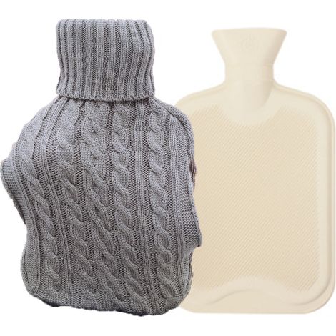 Wärmflasche aus Gummi mit gestricktem Bezug, 2 Liter - Große Wärmflasche zum Warmhalten der Hände //