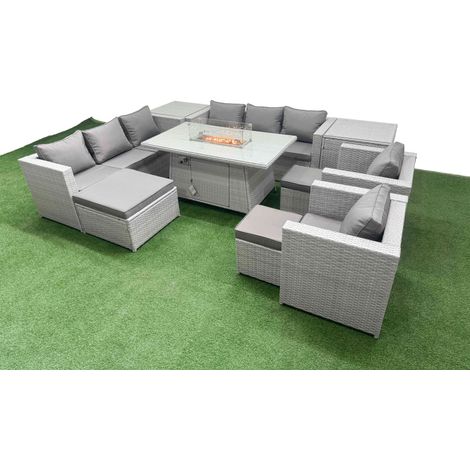 Fimous 11 Seat PE Rattan Lounge Sofa Set Outdoor Garden Furniture Set with Firepit Dining Table 3 Seater Sofa 3 Footstools 2 Side Table Light Grey (1/5)