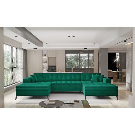 Canapé panoramique convertible en velours ROMY - Pieds métal noir-Vert (1/5)