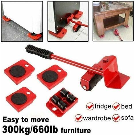 Kit per traslocare mobili pesanti senza sforzo, carrello per traslochi con ruote, accessorio di sollevamento, 1 asta di sollevamento e 4 ruote per il trasporto, fino a 300 kg (1/4)