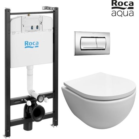 Bastidor empotrado ROCA Active cisterna empotrada y pulsador cromo brillo con inodoro suspendido SWISS blanco brillo Soft-Close (1/5)