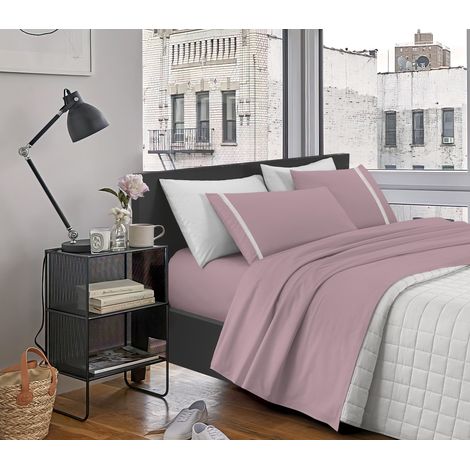 Completo Letto Lenzuola Matrimoniale Elegante,100% Cotone, Set Letto Due Piazze,Tinta Unita Lenzuolo sopra, sotto e Federe Con Raffinati Inserti In Pizzo Misure Maxi Pizzo rosa (1/4)