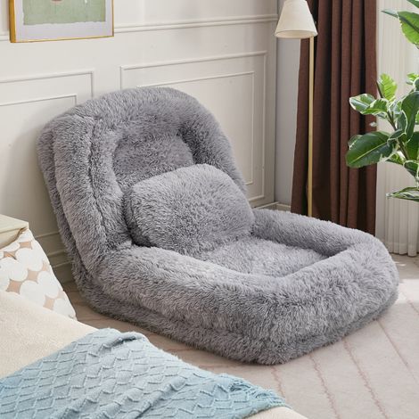 Silla de suelo reclinable de 5 posiciones en felpa gris claro, OKWISH (1/5)