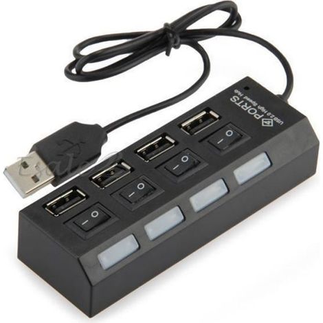 Noir USB 2.0 HUB 4 Port 480 Mbps avec Interrupteur LED pour PC Tablette