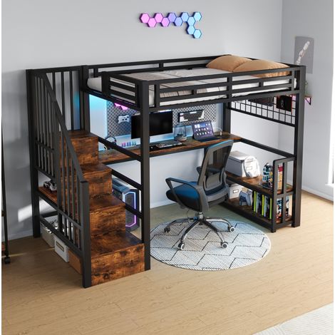 Letto rialzato 90x200 cm con scrivania, LED, vano portaoggetti, porte USB e Type-C in metallo, nero, senza materasso (1/5)