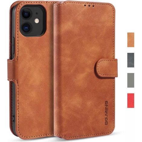 Coque iPhone 12,Cuir Premium Étui de Protection Portefeuille Stand TPU Bumper Housse pour iPhone 12 - Marron (1/3)