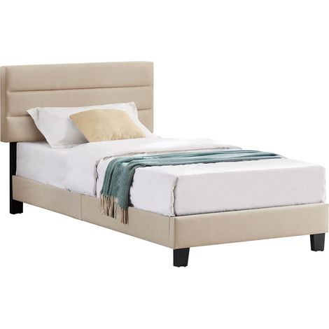 Idimex – Lit simple beige 90x190 cm – Tête de lit capitonnée – Sommier à lattes inclus – Hauteur réglable 94-104 cm (1/4)