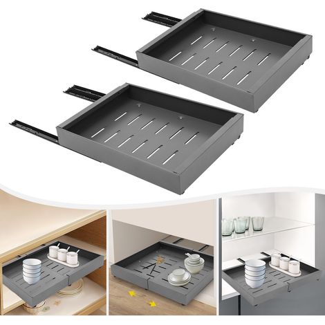 Lot de 2 tiroirs télescopiques, longueur réglable de 32 à 52 cm, organiseur d'armoire extensible, organiseur d'armoire coulissant, placard de cuisine coulissant, armoire de cuisine, gris