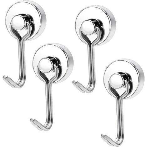 Crochets Magnétiques, Lot de 4 Crochets Magnétiques Argent, Crochets Magnétiques Extra Forts Capacité de Charge Verticale 0-15kg Pivotant Magnétique pour Cuisine, Gadgets, Chambre (1/5)
