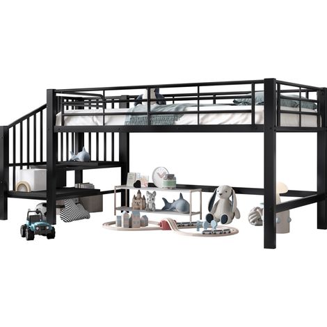 Lit mezzanine 90 x 200 avec escalier de rangement, structure en métal noir et MDF, 79,5 cm de hauteur sous lit, CHICFURN (1/5)