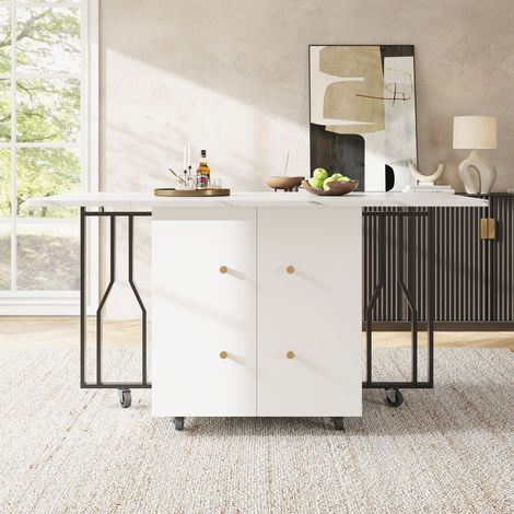 Table pliable portable, plateau marbre, salle à manger, salon, compartiments ajustables, grand rangement, 6 roulettes (2 freinables), pieds noirs (1/5)