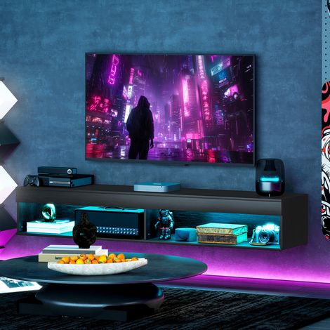 Wandmontierter TV-Ständer für Fernseher bis zu 75 Zoll mit 16-farbiger LED-Beleuchtung und einstellbaren Modi, Fernbedienung, Holz, 180 x 40 x 30 cm, Schwarz