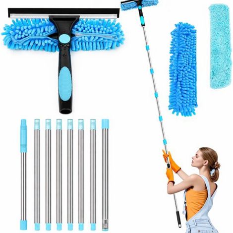 Raclette télescopique professionnelle 3 en 1 avec perche extensible jusqu'à 4,5 m – Nettoyeur de vitres, raclette de sol et raclette de douche pour une utilisation intérieure et extérieure – Bleue (1/5)